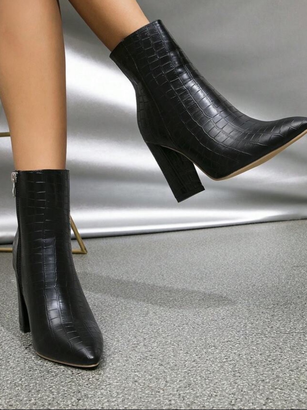 Black Pointed Toe Croc-Embossed Ankle Boots